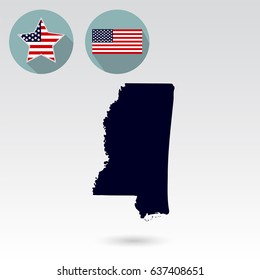 Map of the U.S. state of Mississippi on a white background. American flag, star.