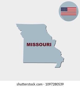 Map of the U.S. state of Missouri on a grey background. American flag, state name