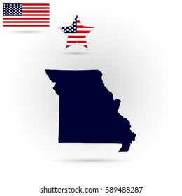 Map of the U.S. state of Missouri on a gray background. American flag, star.