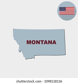 Map of the U.S. state of Montana on a grey background. American flag, state name