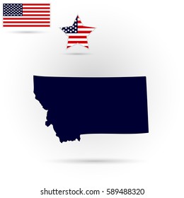 Map of the U.S. state of Montana on a gray background. American flag, star.