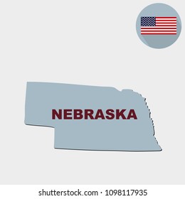 Map of the U.S. state of Nebraska on a grey background. American flag, state name