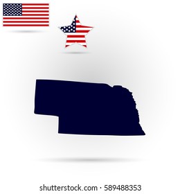 Map of the U.S. state of Nebraska on a gray background. American flag, star.