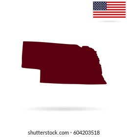Map of the U.S. state of Nebraska on a white background. American flag.
