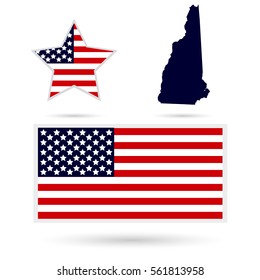 Map of the U.S. state of New Hampshire on a white background. American flag, star