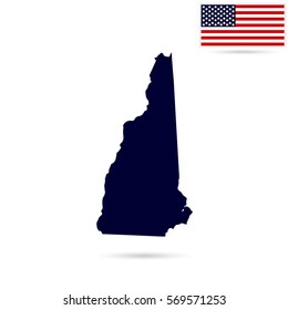 Map of the U.S. state  New Hampshire on a white background. American flag.