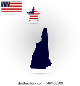 Map of the U.S. state of New Hampshire on a gray background. American flag, star
