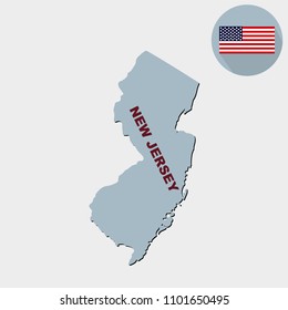 Map of the U.S. state of New Jersey on a grey background. American flag, state name