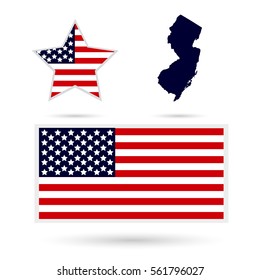 Map of the U.S. state of New Jersey on a white background. American flag, star.