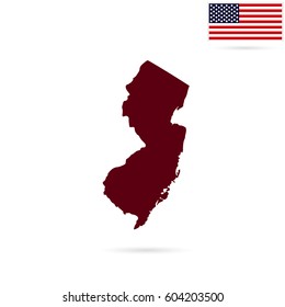 Map of the U.S. state of New Jersey on a white background. American flag.
