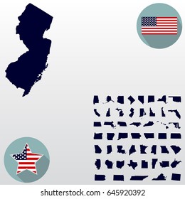 Map of the U.S. state of New Jersey on a white background. American flag, star