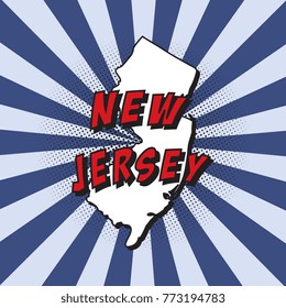 map of u.s. state new jersey in pop art style with text and halftone dots on radial rays background