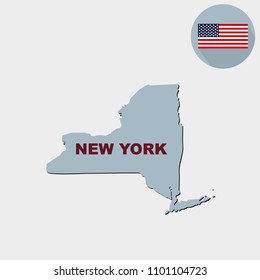 Map of the U.S. state of New York on a grey background. American flag, state name