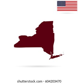 Map of the U.S. state of New York on a white background. American flag.
