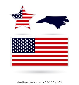 Map of the U.S. state of North Carolina on a white background. American flag, star.