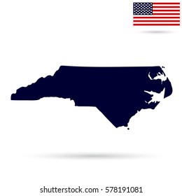 Map of the U.S. state of North Carolina on a white background. American flag.