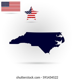 Map of the U.S. state of North Carolina on a gray background. American flag, star
