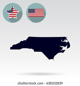 Map of the U.S. state of North Carolina on a white background. American flag, star