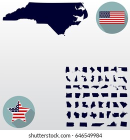 Map of the U.S. state of North Carolina on a white background. American flag, star