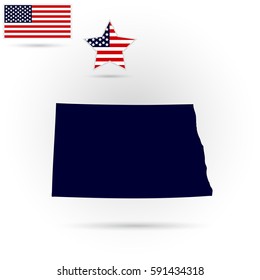 Map of the U.S. state of North Dakota on a gray background. American flag, star
