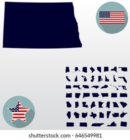 Map of the U.S. state of North Dakota on a white background. American flag, star