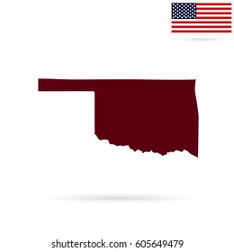 Map of the U.S. state of Oklahoma on a white background. American flag.

