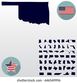 Map of the U.S. state of Oklahoma on a white background. American flag, star