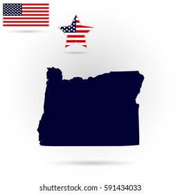Map of the U.S. state of Oregon on a gray background. American flag, star
