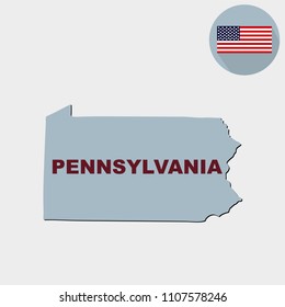 Map of the U.S. state of Pennsylvania on a grey background. American flag, state name