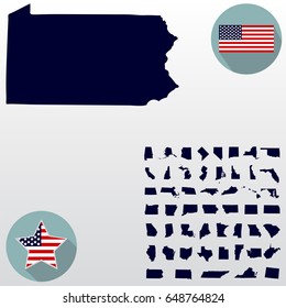 Map of the U.S. state of Pennsylvania on a white background. American flag, star