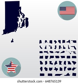 Map of the U.S. state of Rhode Island on a white background. American flag, star