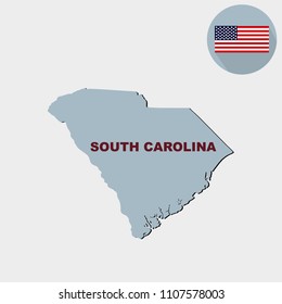 Map of the U.S. state of South Carolina. American flag, state name