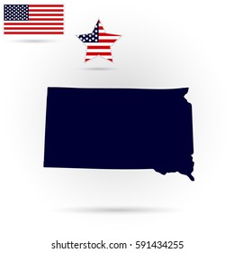 Map of the U.S. state of South Dakota on a gray background. American flag, star
 
