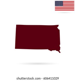 Map of the U.S. state of South Dakota on a white background. American flag.
