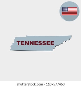 Map of the U.S. state of Tennessee on a grey background. American flag, state name