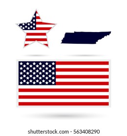 Map of the U.S. state of Tennessee on a white background. American flag, star