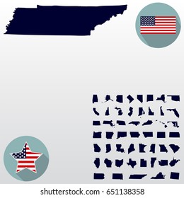 Map of the U.S. state of Tennessee on a white background. American flag, star.