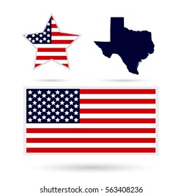 Map of the U.S. state of Texas on a white background. American flag, star