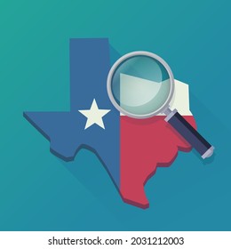 Map of the US state of Texas through magnifying glass with flag (flat design)