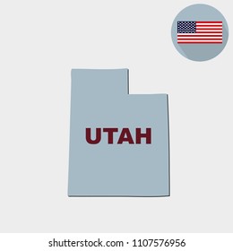 Map of the U.S. state of Utah on a white background. American flag, state name