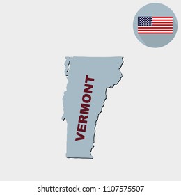 Map of the U.S. state of Vermont on a grey background. American flag, state name