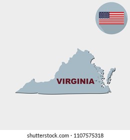 Map of the U.S. state of Virginia on a grey background. American flag, state name