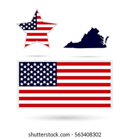 Map of the U.S. state of Virginia on a white background. American flag, star
