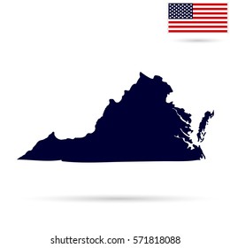 Map of the U.S. state Virginia on a white background. American flag.