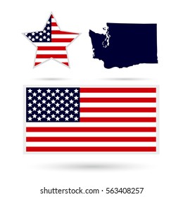 Map of the U.S. state of Washington on a white background. American flag, star