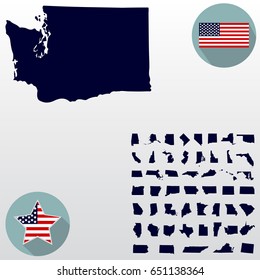 Map of the U.S. state of Washington on a white background. American flag, star.