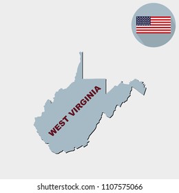 Map of the U.S. state of West Virginia on a grey background. American flag, state name
