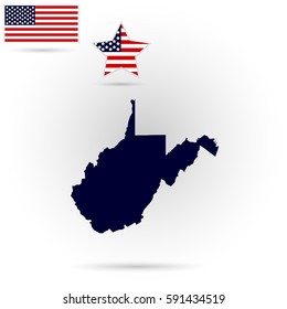 Map of the U.S. state of West Virginia on a gray background. American flag, star

