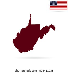 Map of the U.S. state of West Virginia on a white background. American flag.
