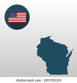 Map of the U.S. state of Wisconsin on a white background. American flag